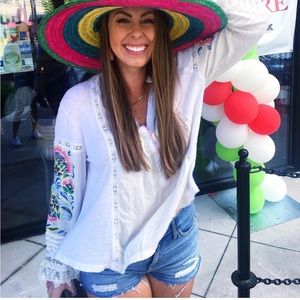 Free people boho embroidered gauze and lace shirt